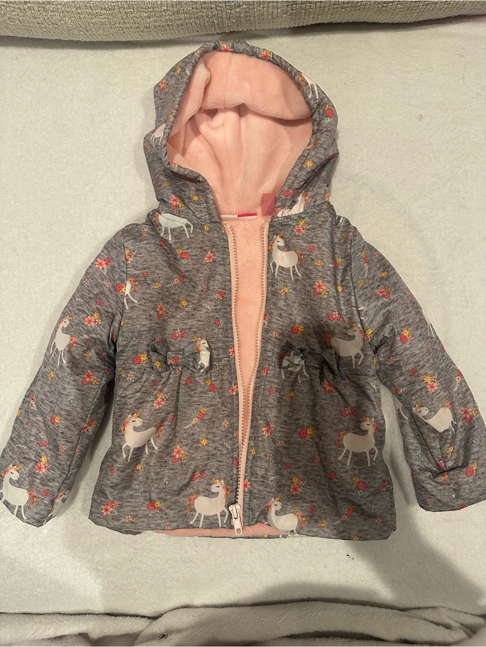 Penelope Mack Girls' Gray Unicorn Hooded Jacket with Pink Lining Size 2T